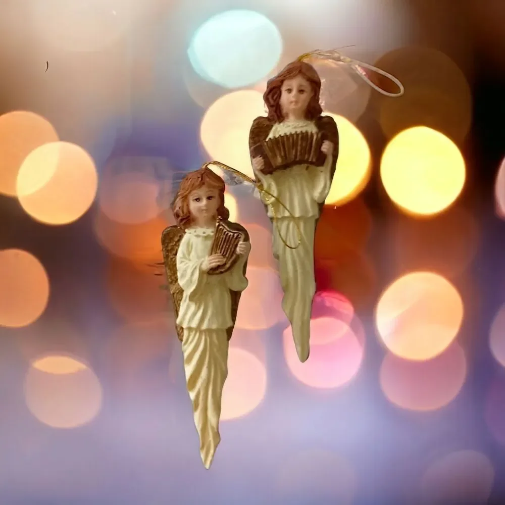 2 Angel Icicle Ornament Christmas Vintage 90s Resin Teardrop Holiday Ivory Gold.